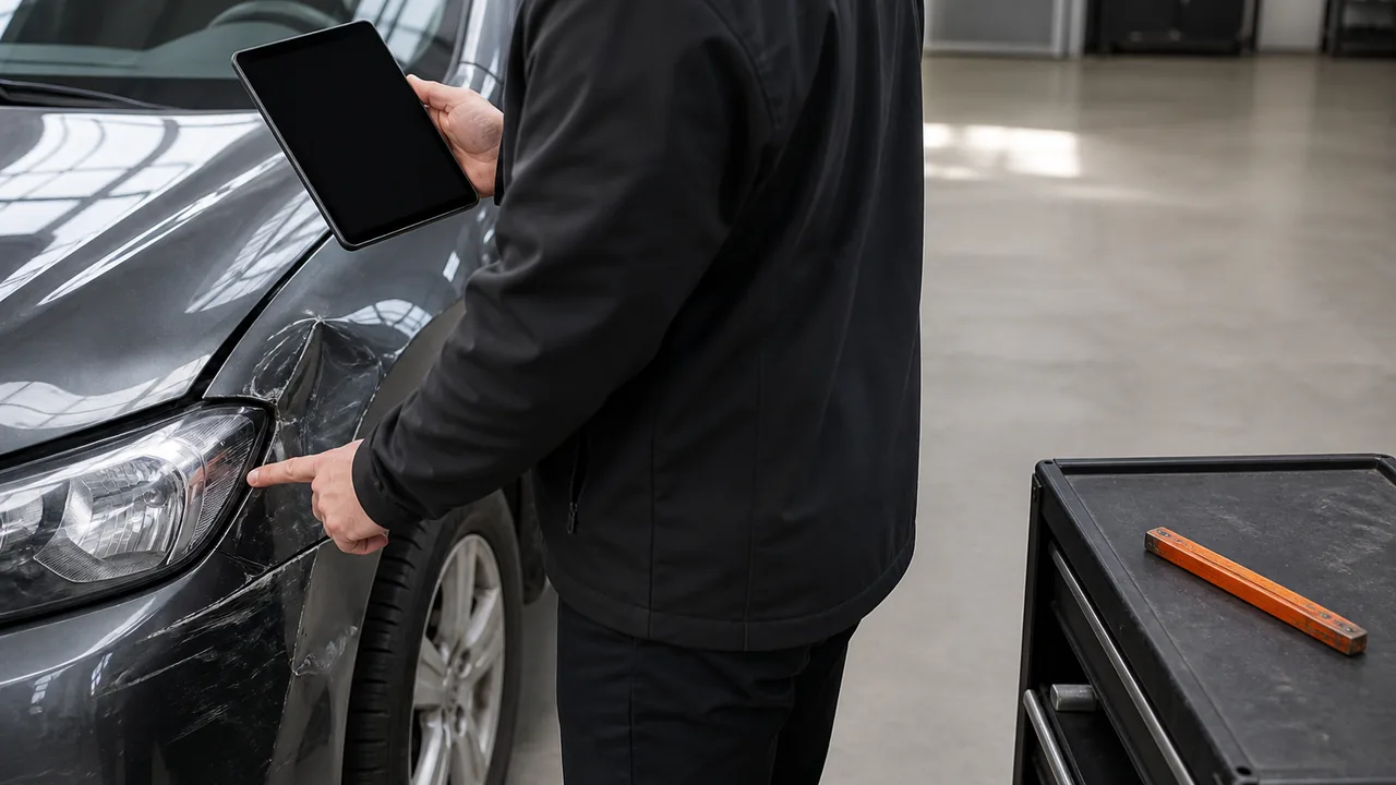 Sachverständiger mit Tablet dokumentiert einen Schaden am vorderen Radlauf eines Fahrzeugs