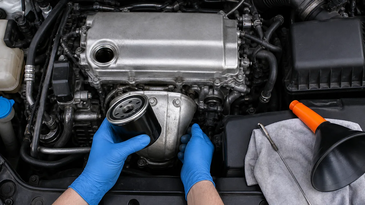 Blick in einen geöffneten Motorraum während der Inspektion, Hände in Handschuhen wechseln den Ölfilter