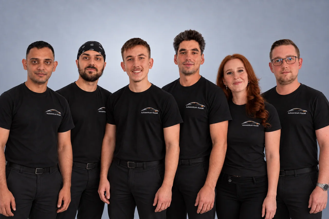 Das Team des Autozentrums Kozak, sechs Personen in schwarzen Firmenshirts nebeneinander vor hellem Hintergrund